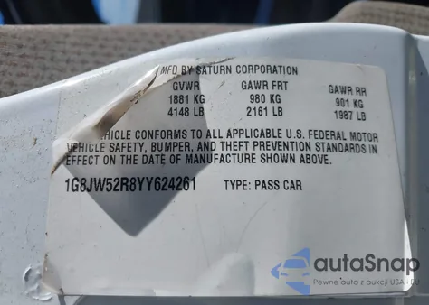 2000 Saturn Ls2 from USA, damaged, VIN 1G8JW52R8YY624261